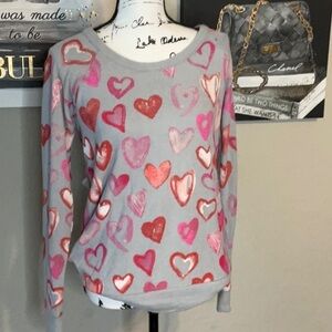 063 - Chaser NWT Gray Distressed Sweater with Pink Hearts & Back Cut Ou…